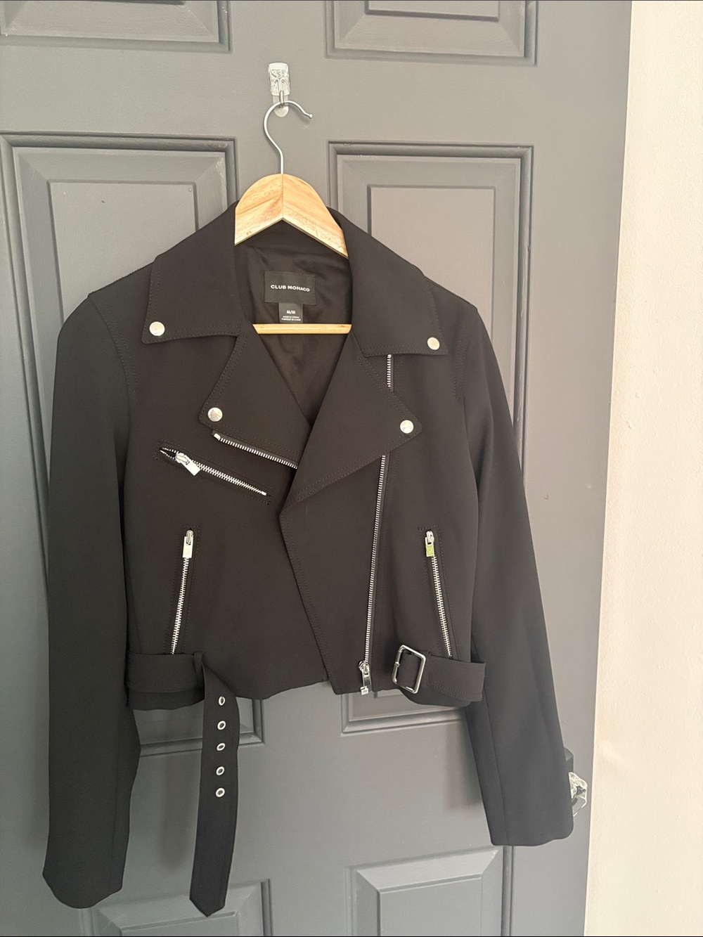 Club Monaco Black Cropped Moto Jacket with Belted Hem